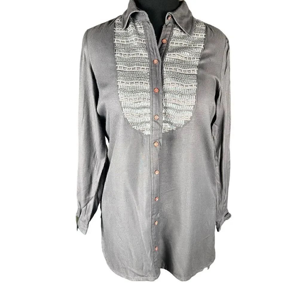 Sacred threads gray sequin button up long sleeve free size hi low blouse